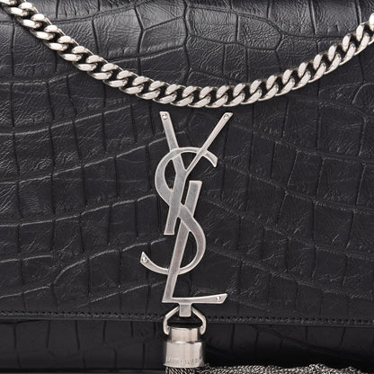 Saint Laurent Calfskin Crocodile Embossed Medium Classic Monogram Kate Tassel Satchel Black 9 of 10
