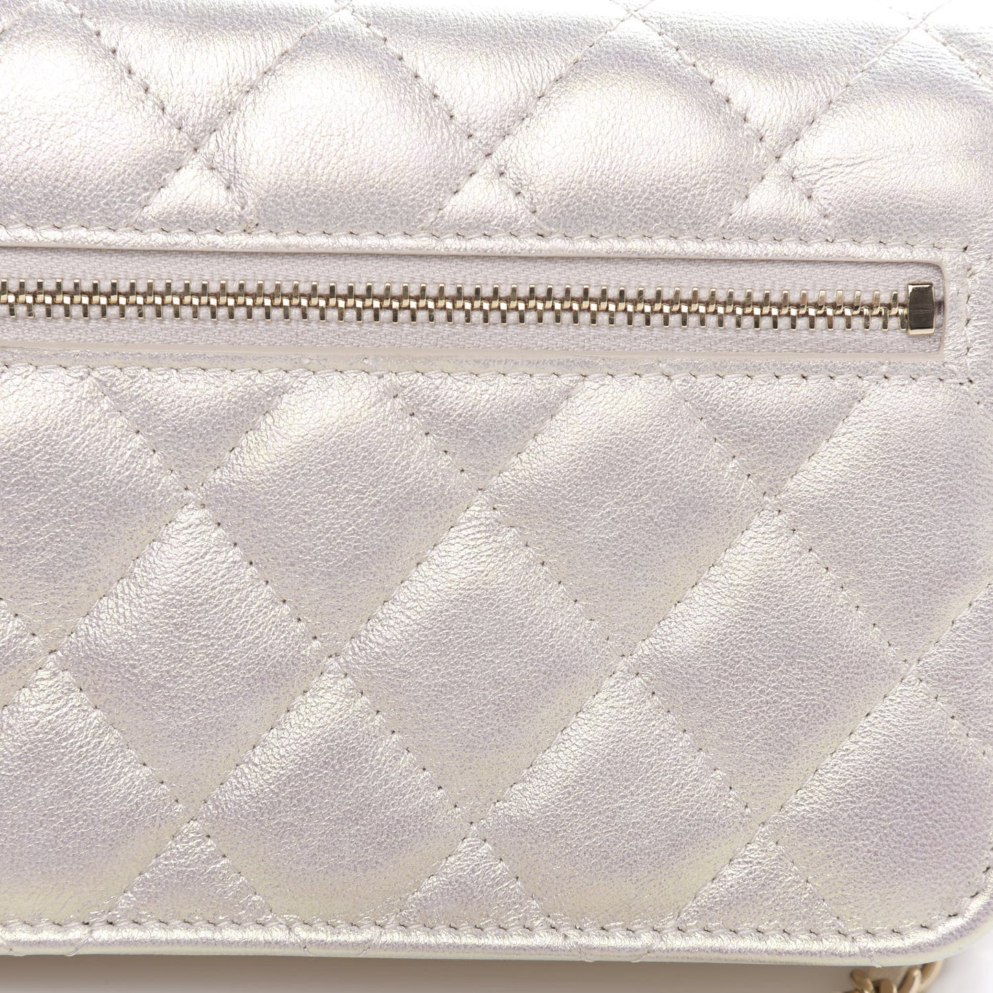 Iridescent Lambskin Quilted Mini Wallet On Chain WOC Ivory