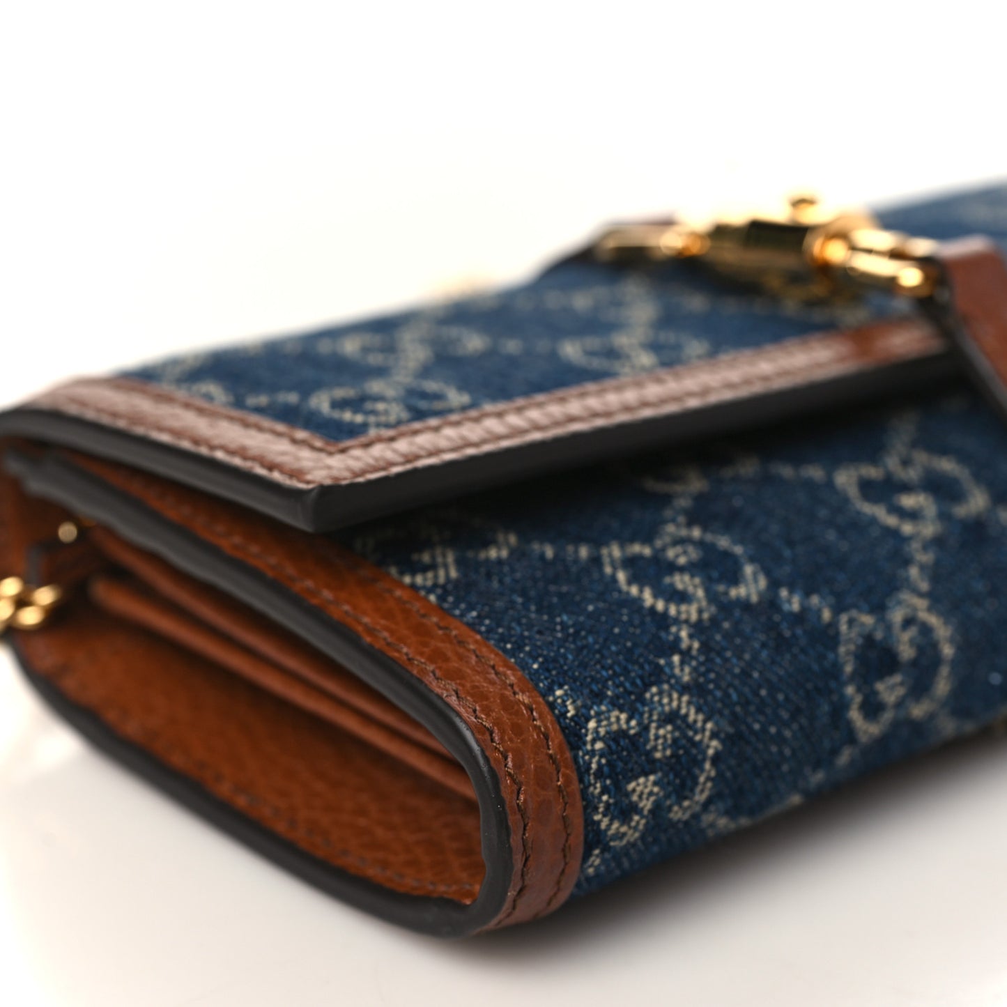 New Denim GG Monogram Jackie 1961 Chain Wallet Blue Tea Cuir