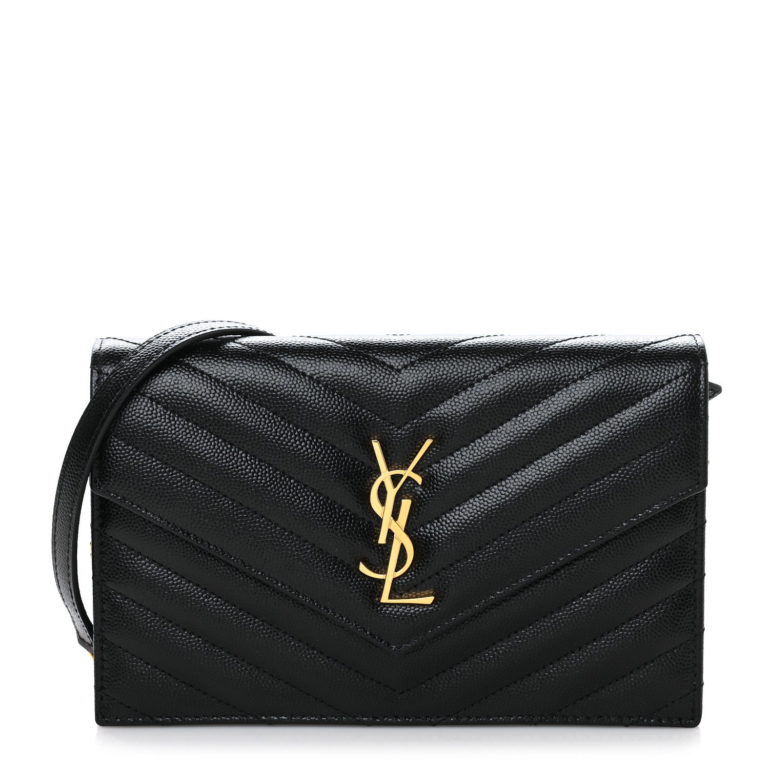 Saint Laurent Grain De Poudre Matelasse Chevron Monogram Envelope Chain Wallet Black 1 of 8
