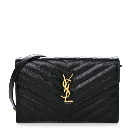 Saint Laurent Grain De Poudre Matelasse Chevron Monogram Envelope Chain Wallet Black 1 of 8