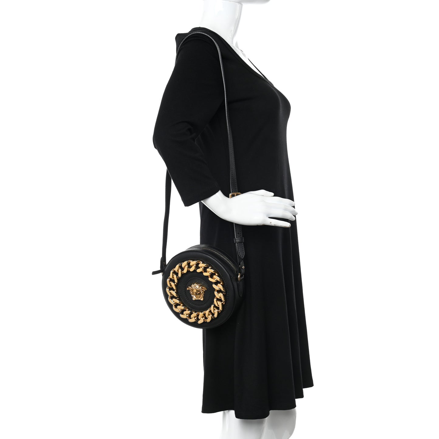 Calfskin Mini La Medusa Chain Round Crossbody Bag Black