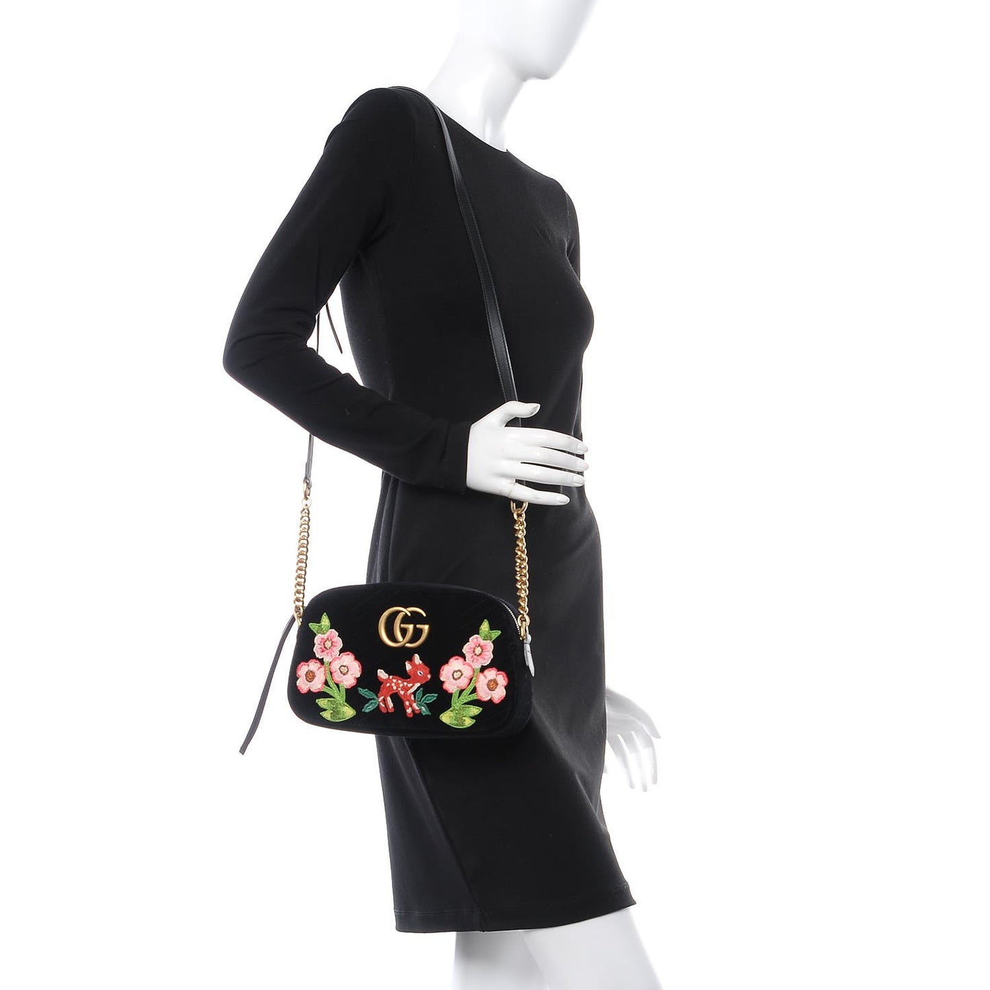 Velvet Matelasse Deer Embroidered Small GG Marmont Chain Shoulder Bag Black
