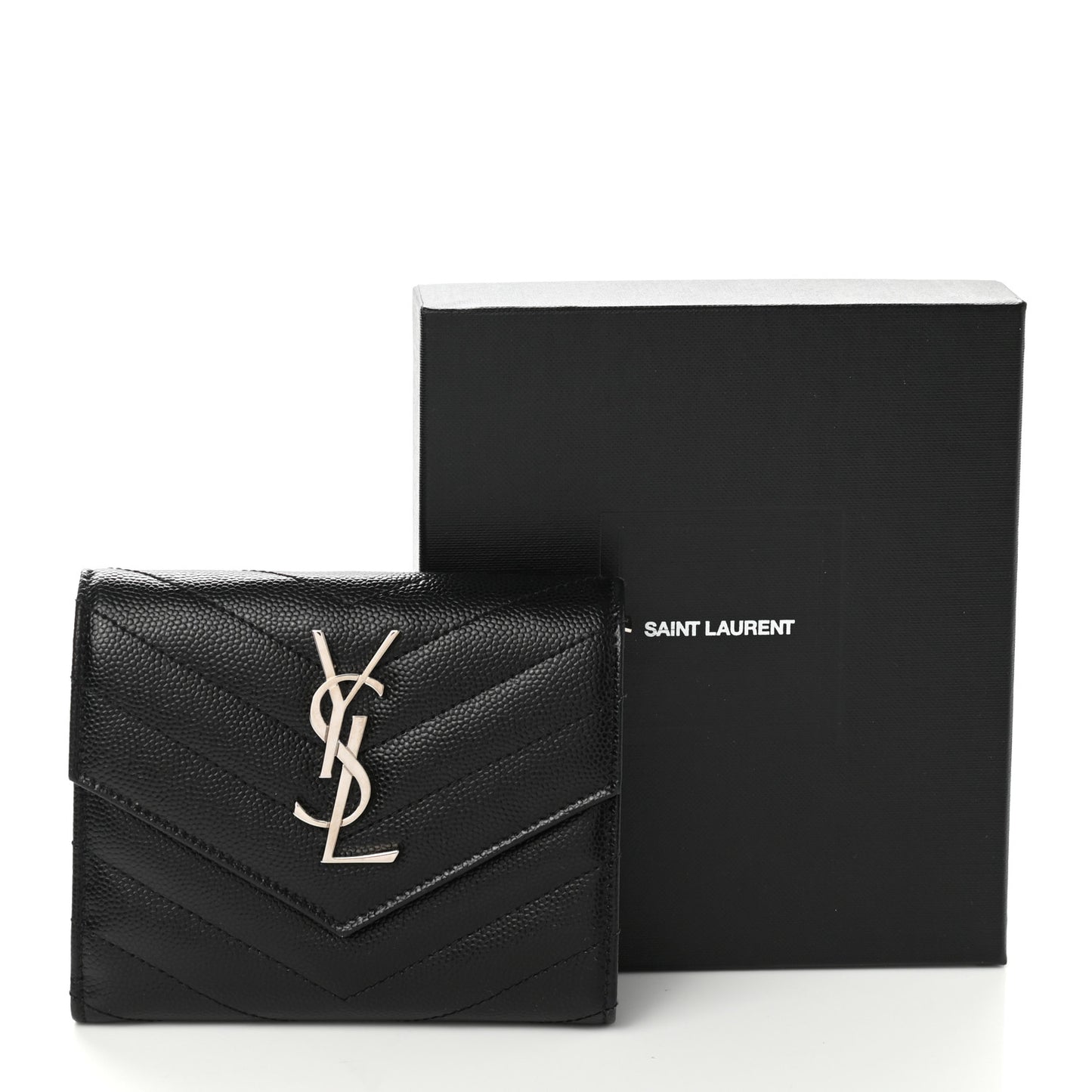 Grain De Poudre Matelasse Chevron Monogram Compact Tri Fold Wallet Black