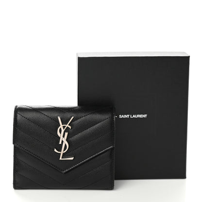 Saint Laurent Grain De Poudre Matelasse Chevron Monogram Compact Tri Fold Wallet Black 8 of 8