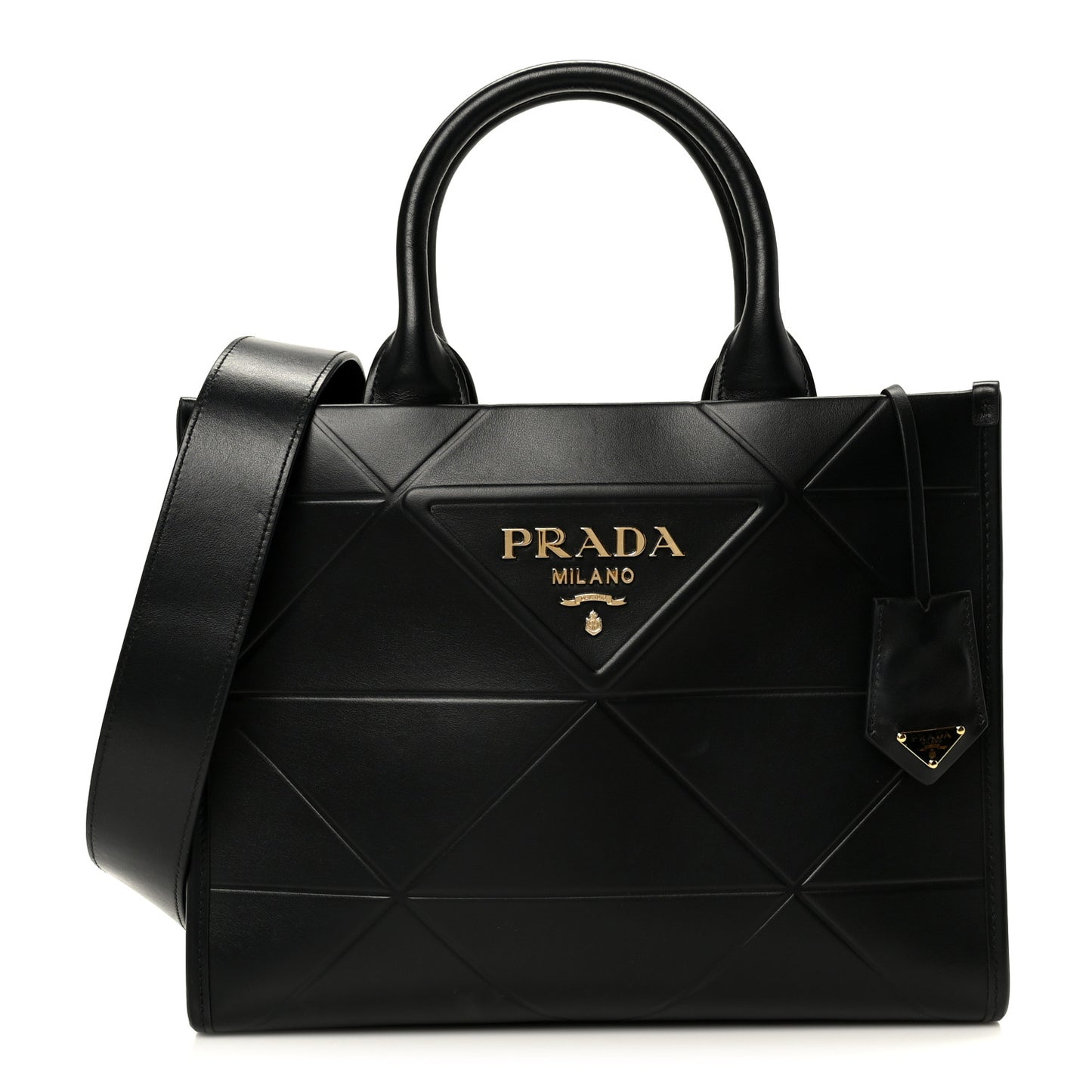 Soft Calfskin Triangolo Symbole Embossed Small Tote Black