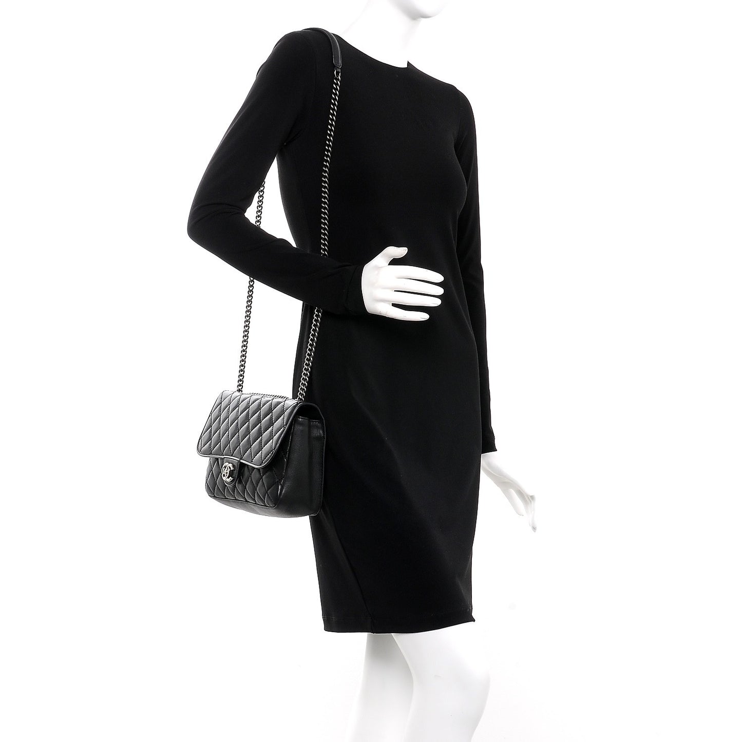Calfskin Stitched Quilted Flap Black