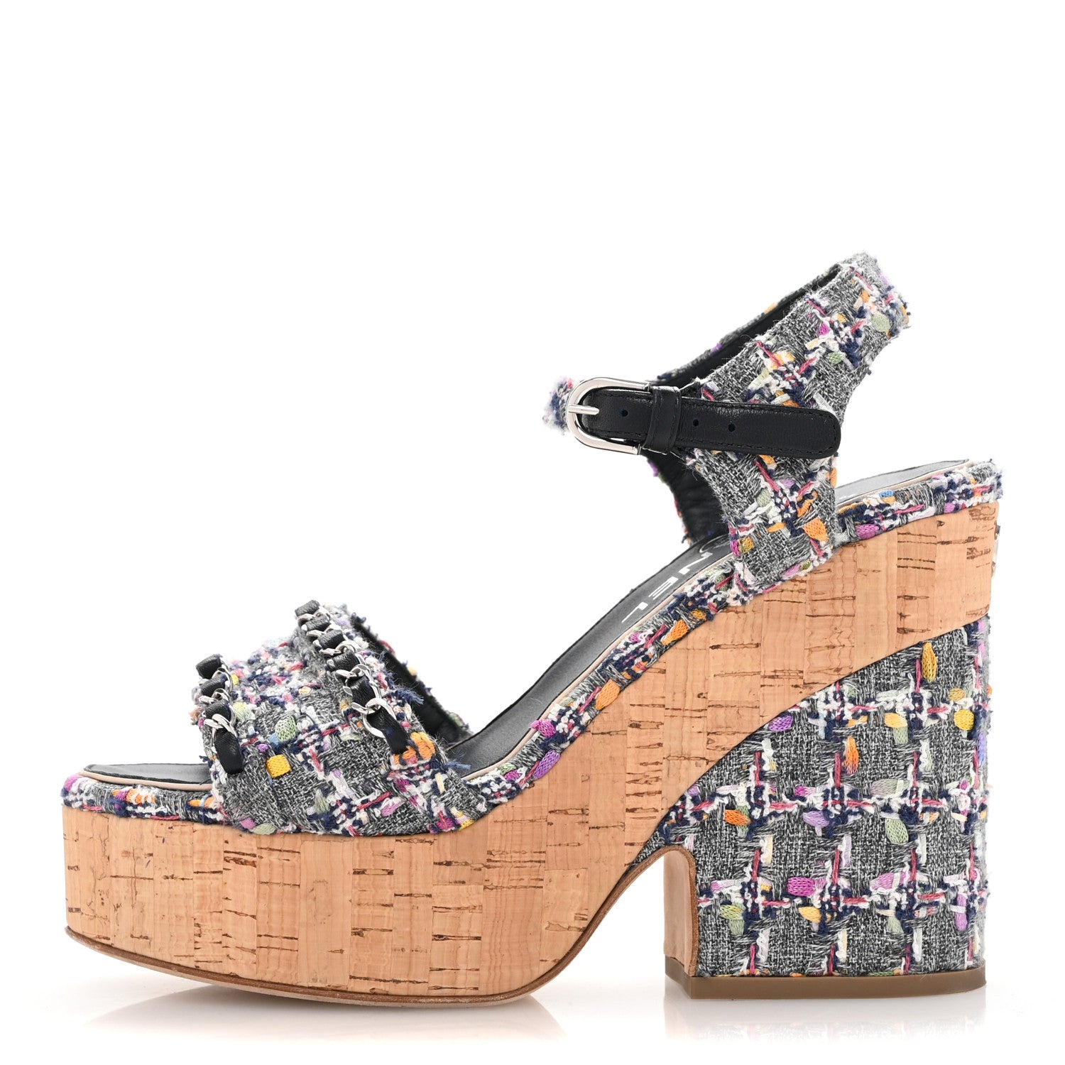 Chanel Tweed Cork Wedge Sandals 37 Navy Multicolor 1 of 10