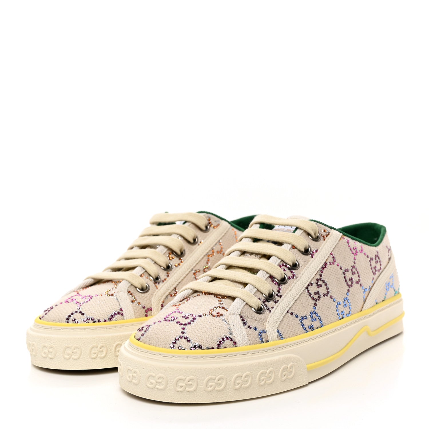 Gucci Canvas Lame Crystal GG Monogram Womens 1977 Tennis Sneakers 37 Gardenia Silver Mystic White 3 of 8