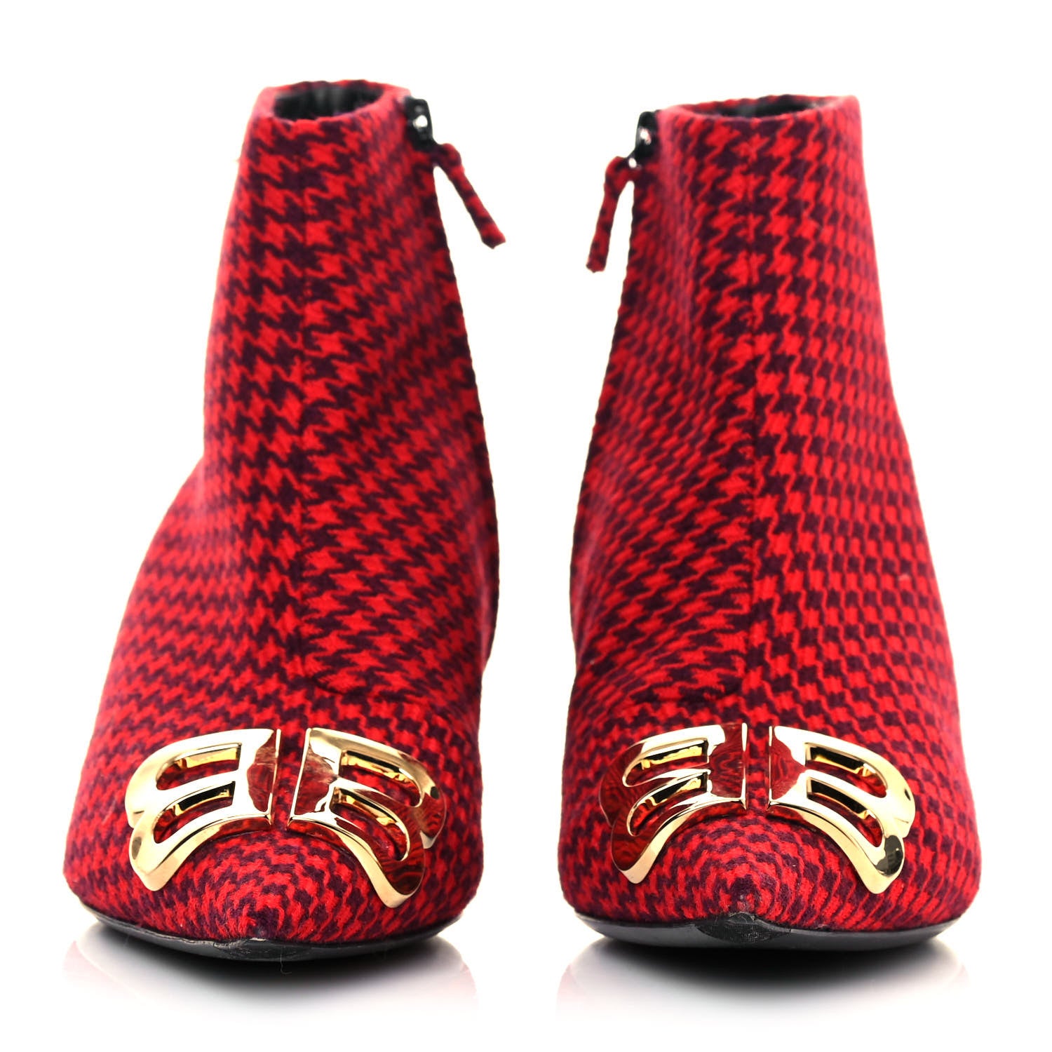Balenciaga Wool Houndstooth BB Pointy Toe Ankle Booties 39 Red Black Gold 2 of 8