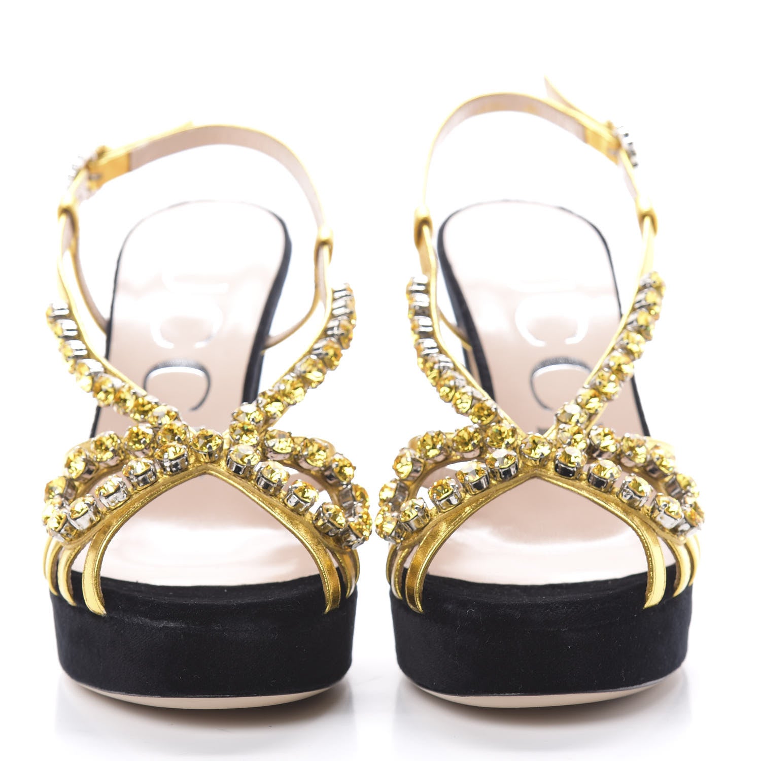 Gucci Velvet Nappa Crystal Zephyra Slingback Platform High Heel Sandals 36 Black Gold 2 of 9