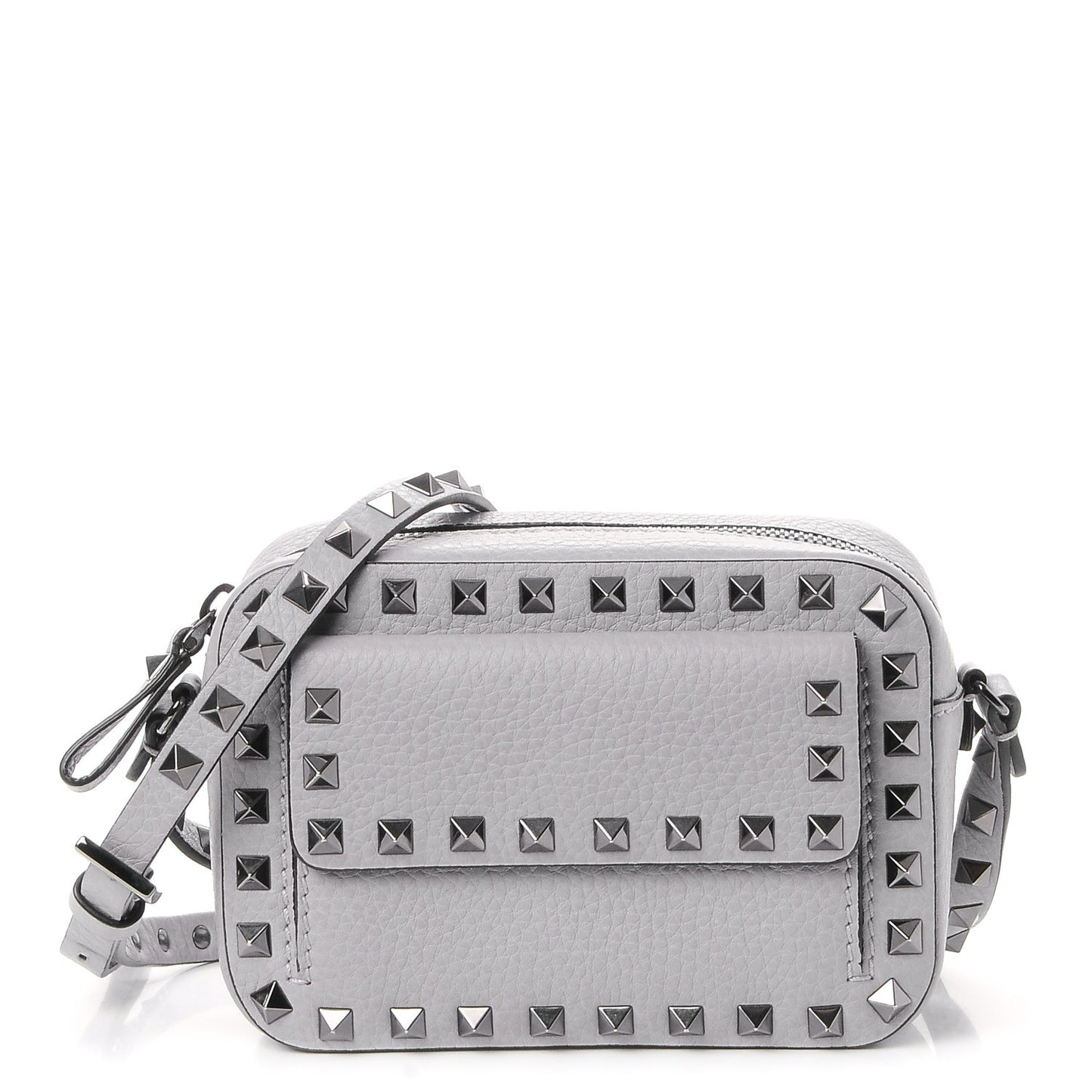 Grained Calfskin Small Rockstud Flap Pocket Camera Crossbody Bag Pastel Grey