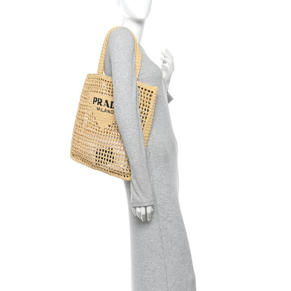 Prada Yarn Raffia Effect Crochet Logo Embroidered Tote Bag Naturale 2 of 9