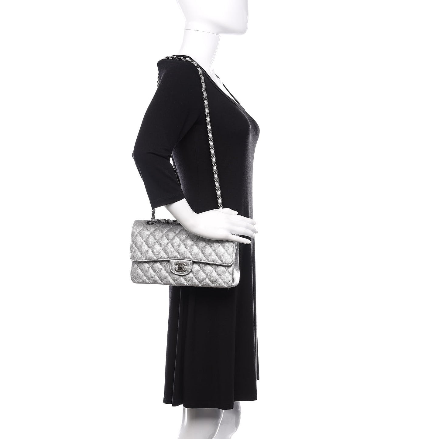 Metallic Caviar Quilted Medium Double Flap Silver