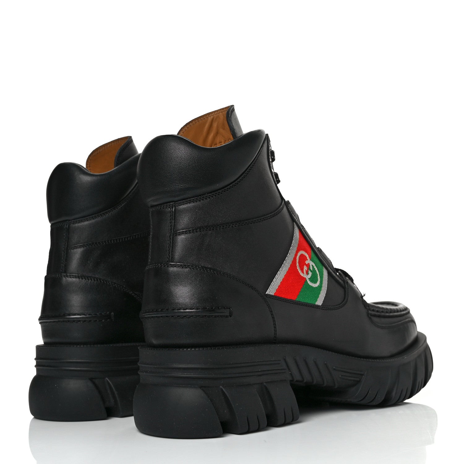 Gucci Quebec Calfskin Web Mens Interlocking G Lace Up Combat Boots 8.5 Black Mystic White Green Red 4 of 9