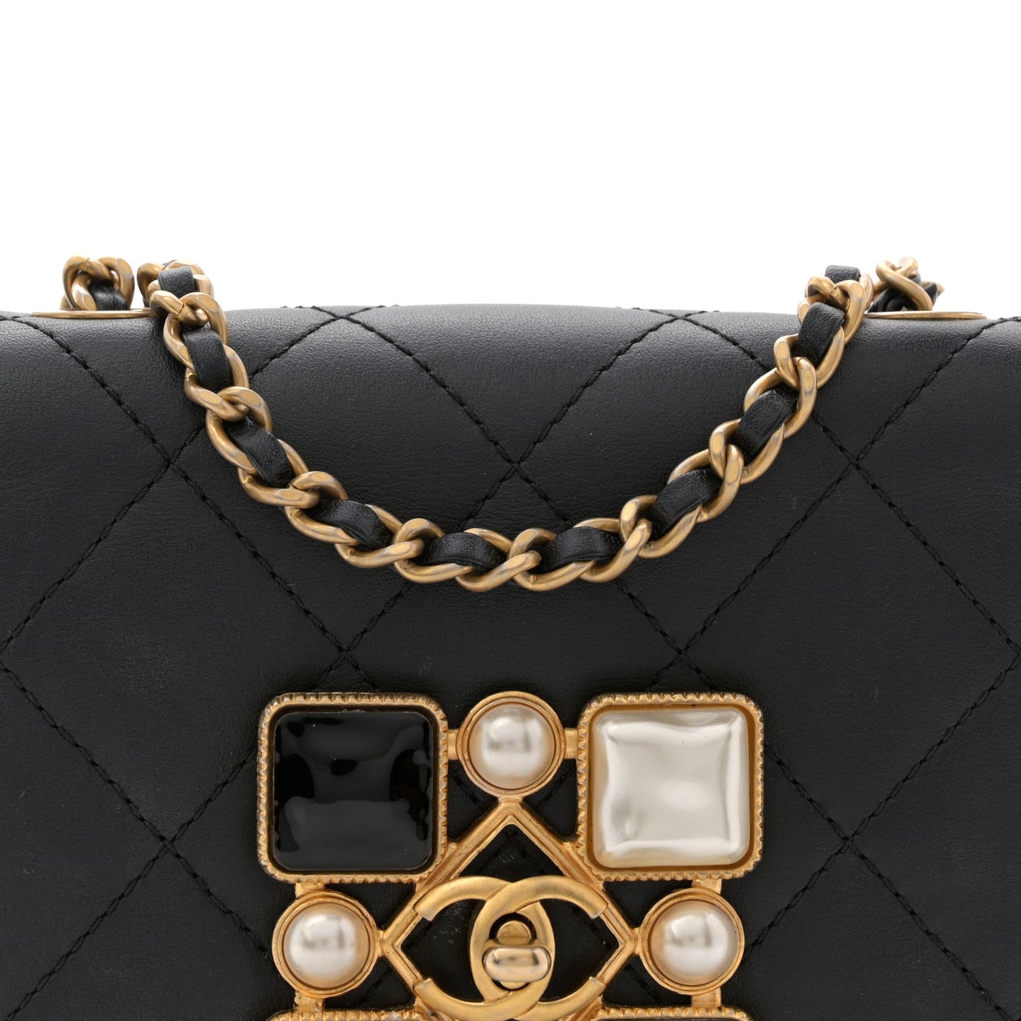 Calfskin Quilted Crystal Pearl Mini Flap Bag Black
