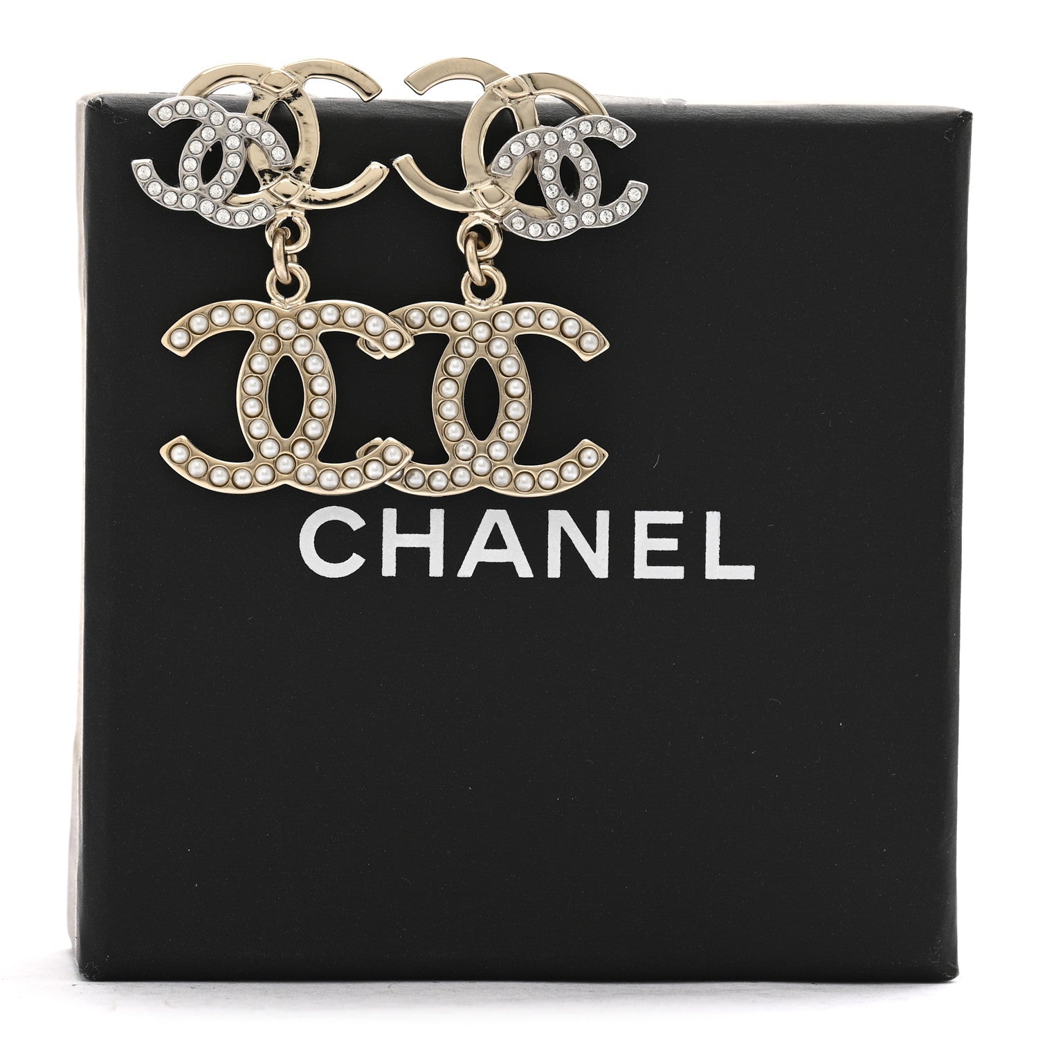 Chanel Crystal Pearl Double CC Drop Earrings Gold Silver 5 of 5