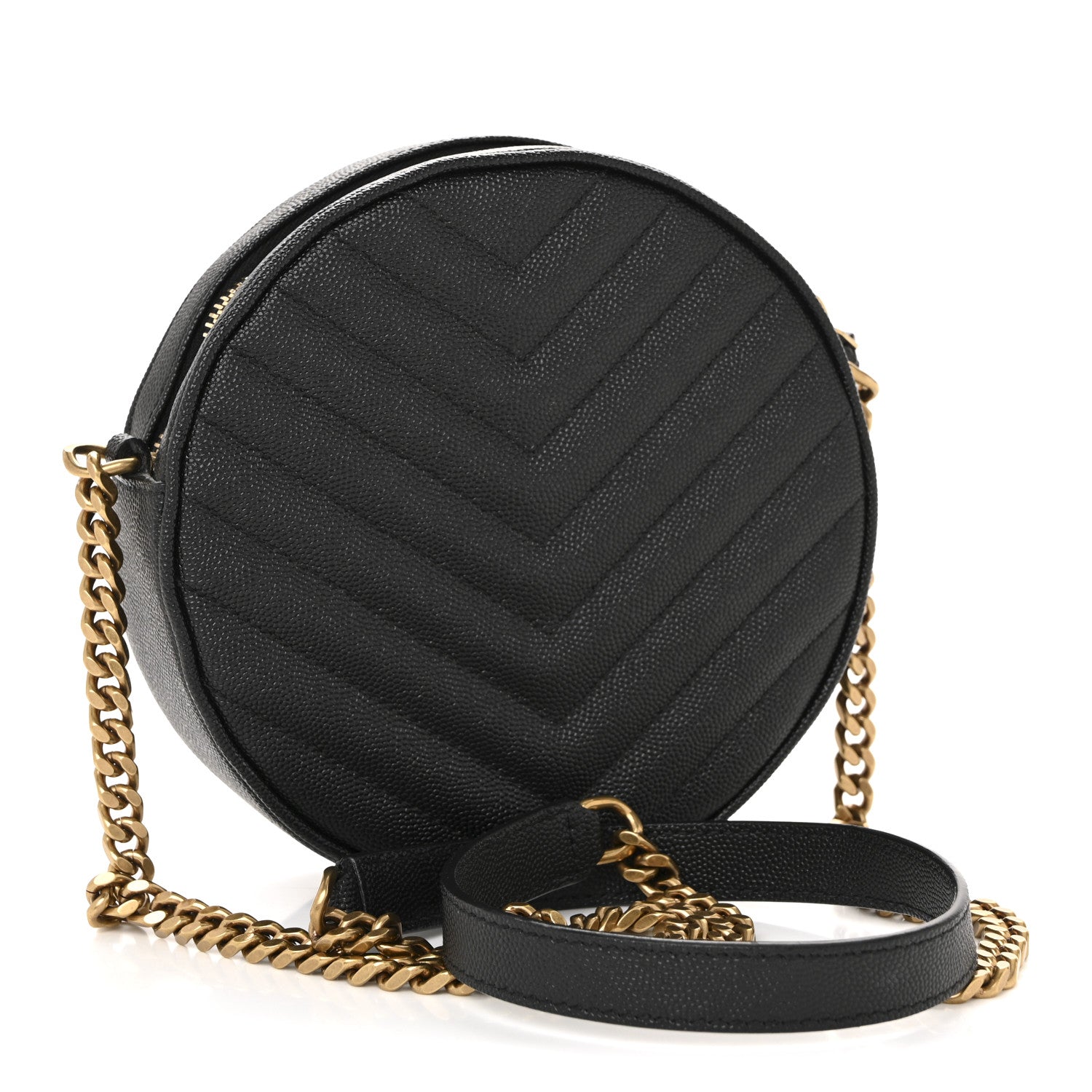 Saint Laurent Grain De Poudre Matelasse Chevron Quilted Round Vinyle Camera Bag Black 3 of 13