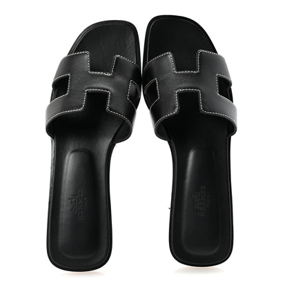Hermes Box Calfskin Oran Sandals 38 Black 2 of 10