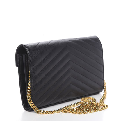 Saint Laurent Grain De Poudre Matelasse Chevron Monogram Chain Wallet Black 3 of 10