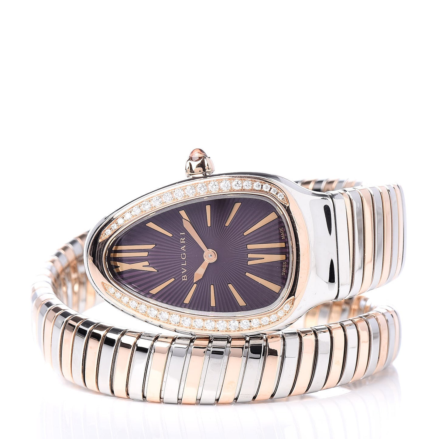 Stainless Steel 18K Rose Gold Diamond Bezel 35mm Serpenti Tubogas Quartz Watch Purple
