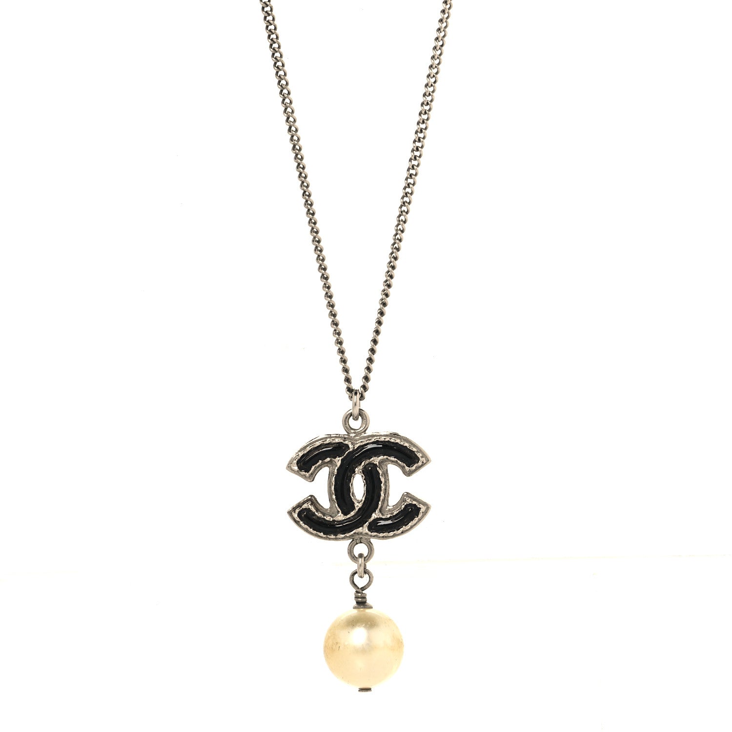 Chanel Pearl CC Drop Necklace Silver Black 1 of 5