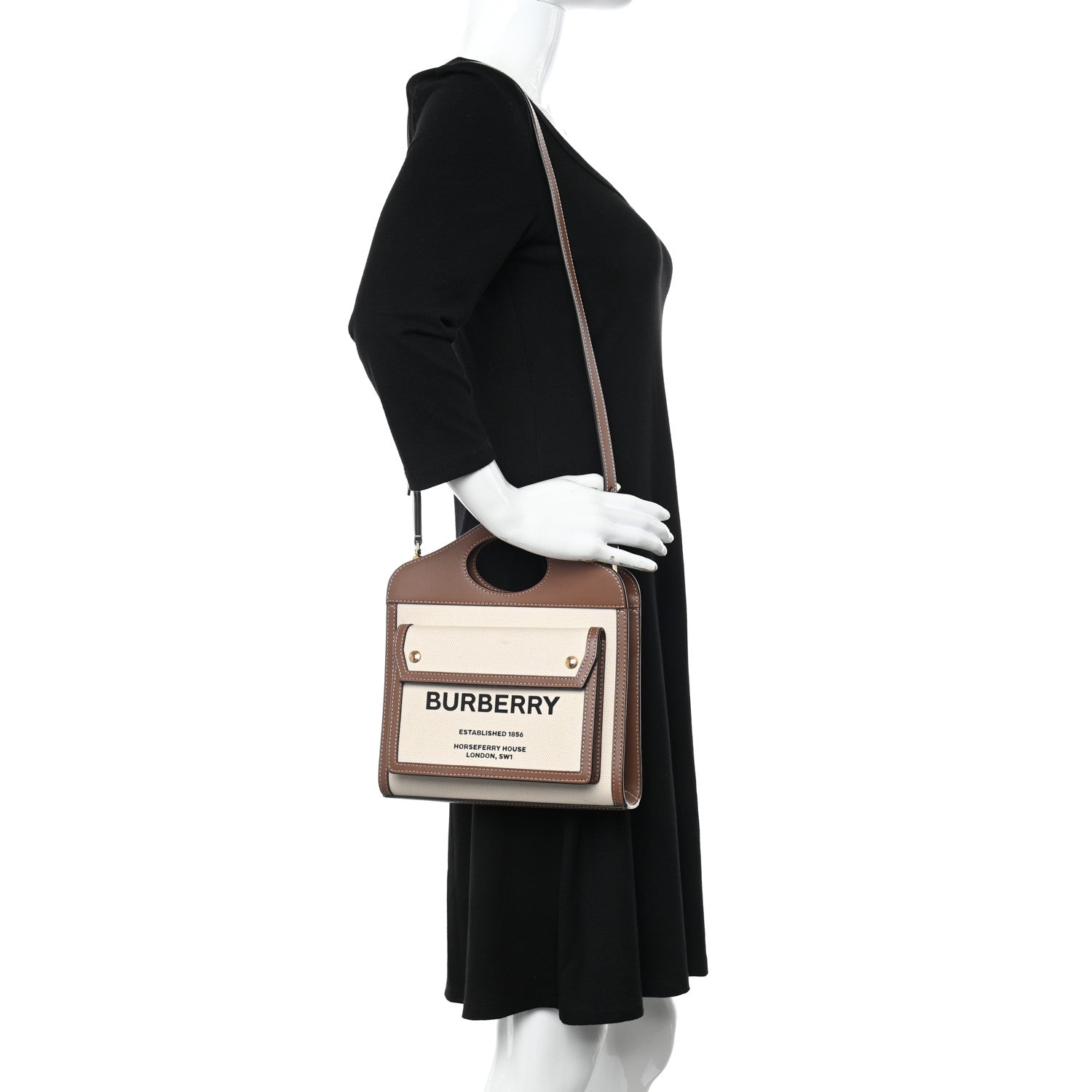 Burberry Canvas Smooth Calfskin Two Tone Mini Pocket Bag Natural Malt Brown 2 of 13