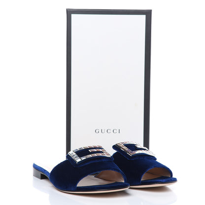 Gucci Velvet Crystal Square G Madelyn Slide Sandals 41 Cobalt Blue 10 of 10