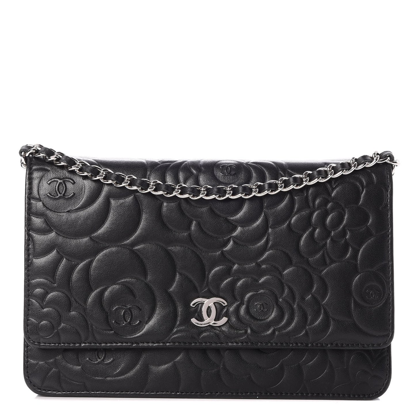 Lambskin Camellia Embossed Wallet On Chain WOC Black