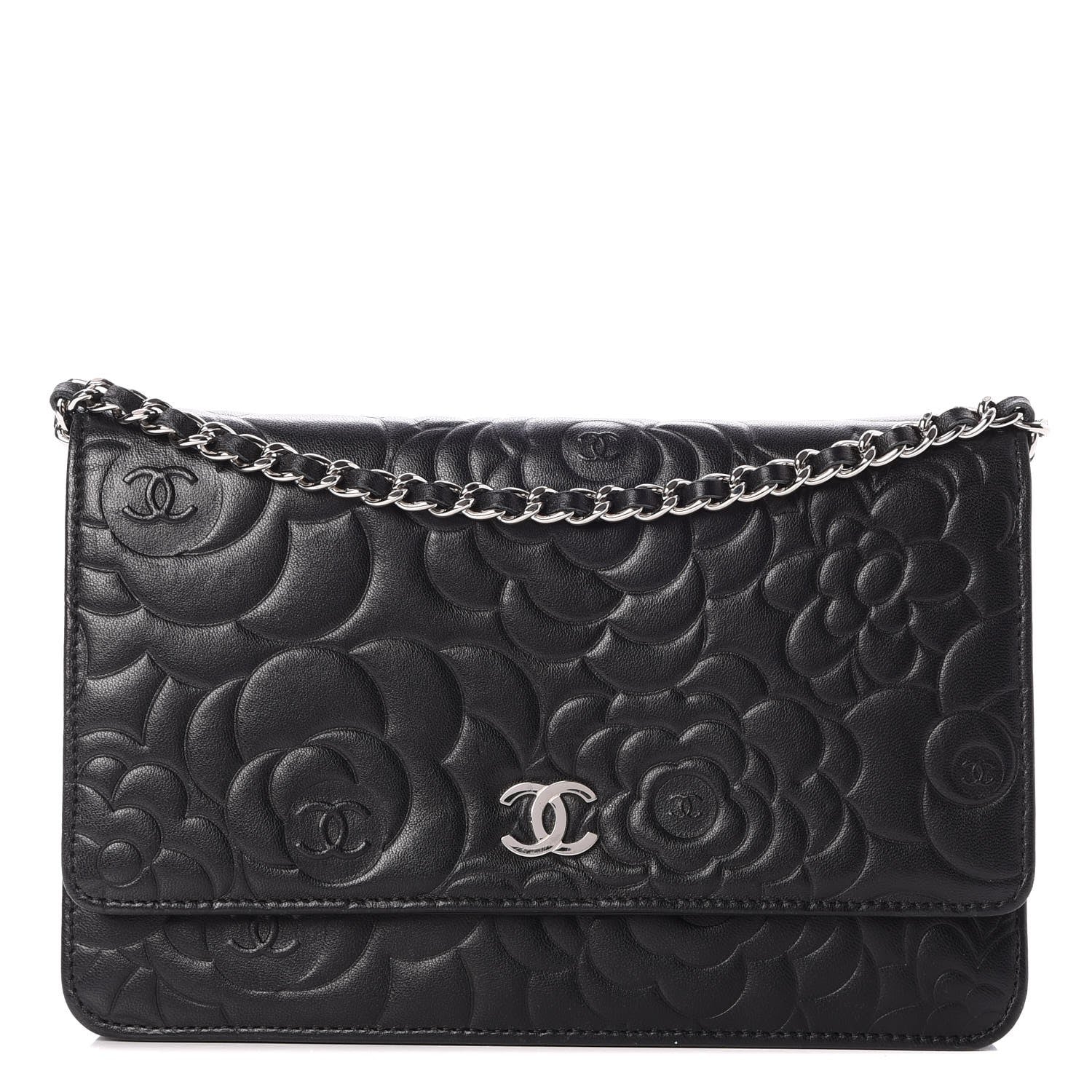 Chanel Lambskin Camellia Embossed Wallet On Chain WOC Black 1 of 12