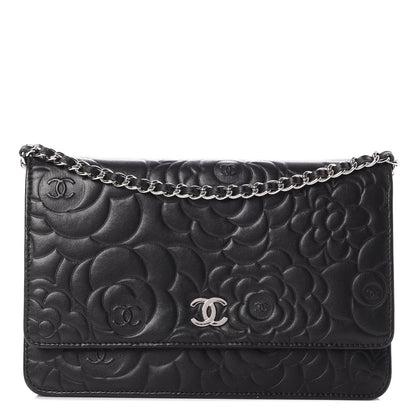 Chanel Lambskin Camellia Embossed Wallet On Chain WOC Black 1 of 12