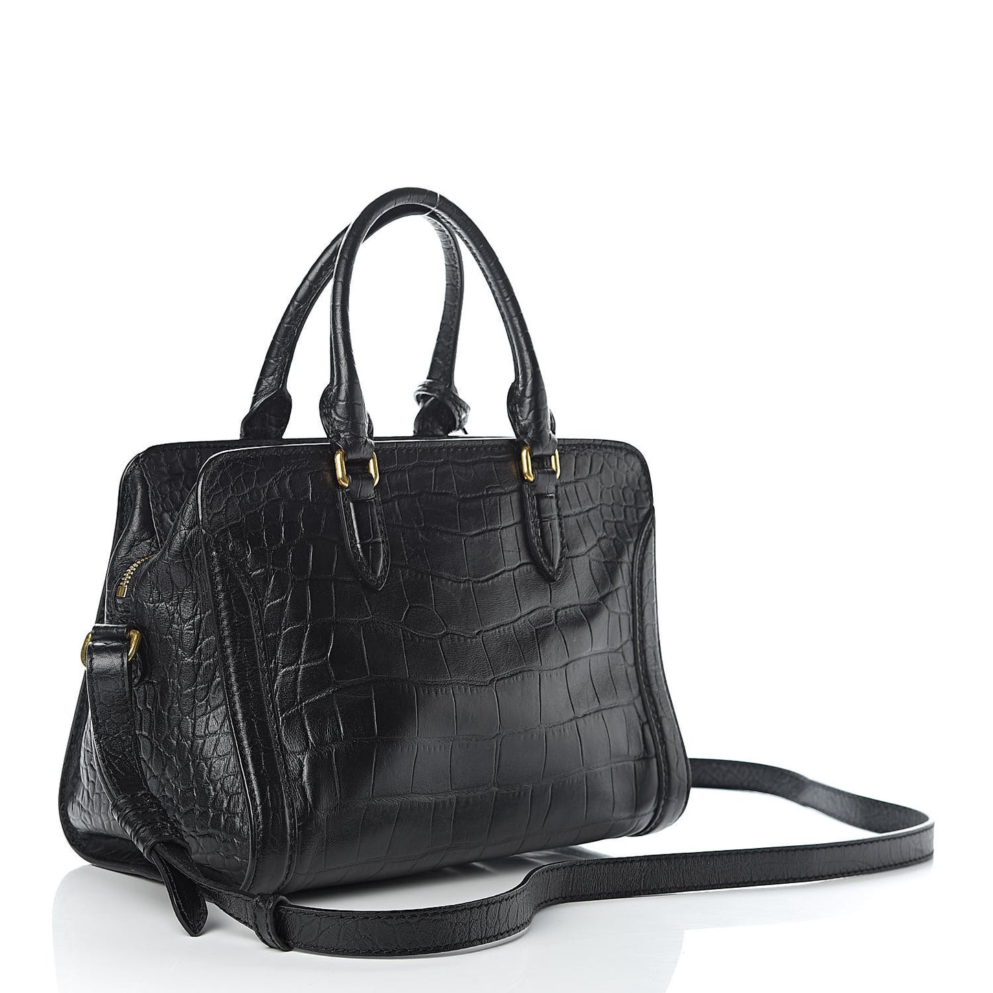 Calfskin Crocodile Embossed Small Skull Padlock Zip Around Tote Black