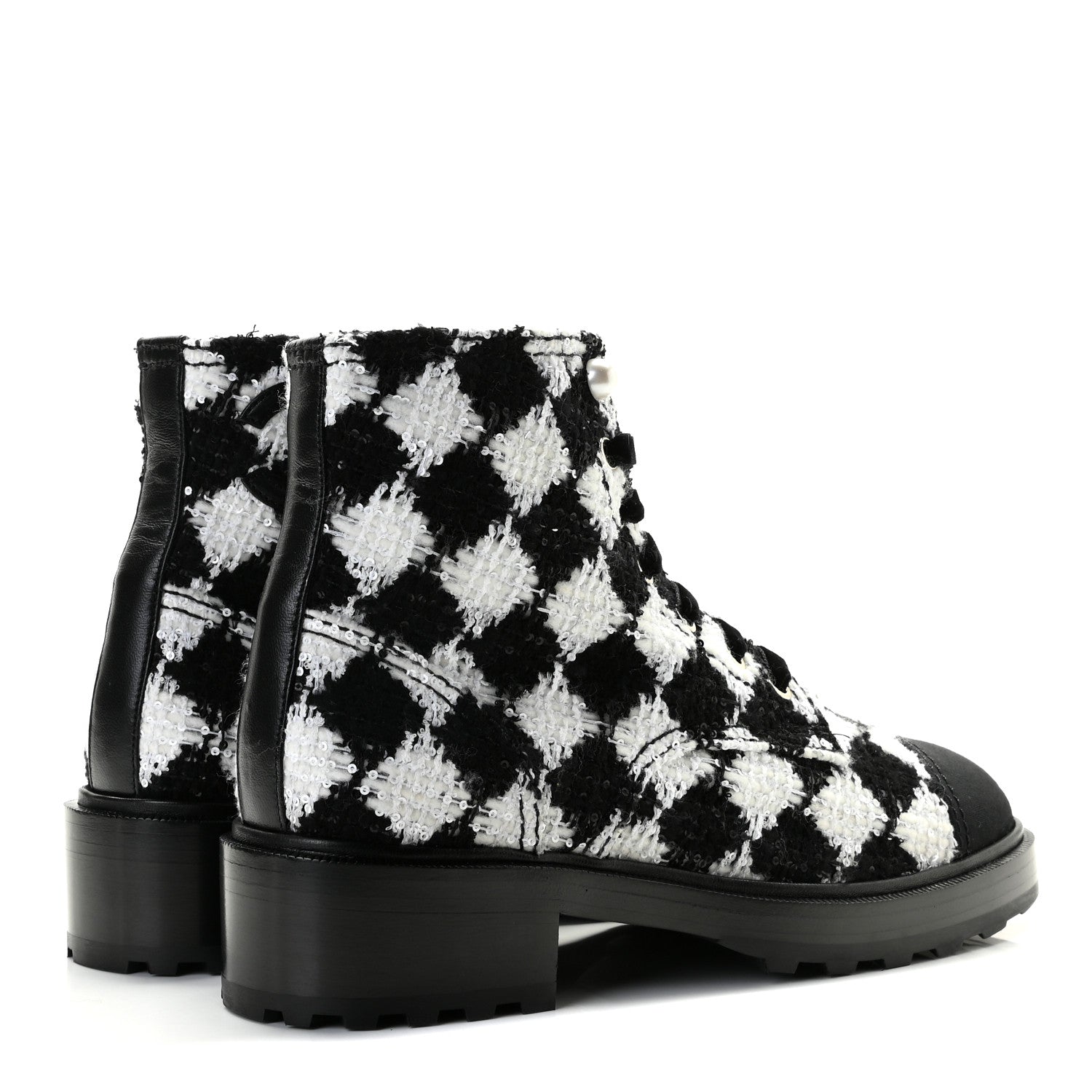 Chanel Tweed Grosgrain Pearl Combat Short Boots 40.5 White Black 4 of 11