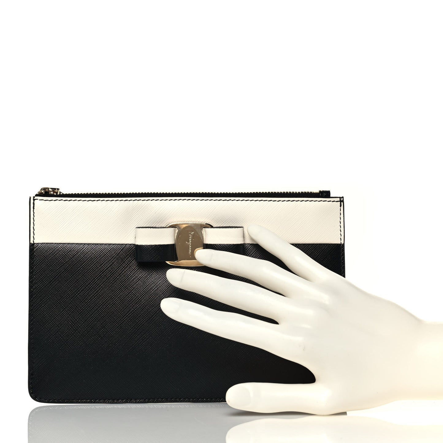 Printed Calfskin Vara Bow Clutch Black White