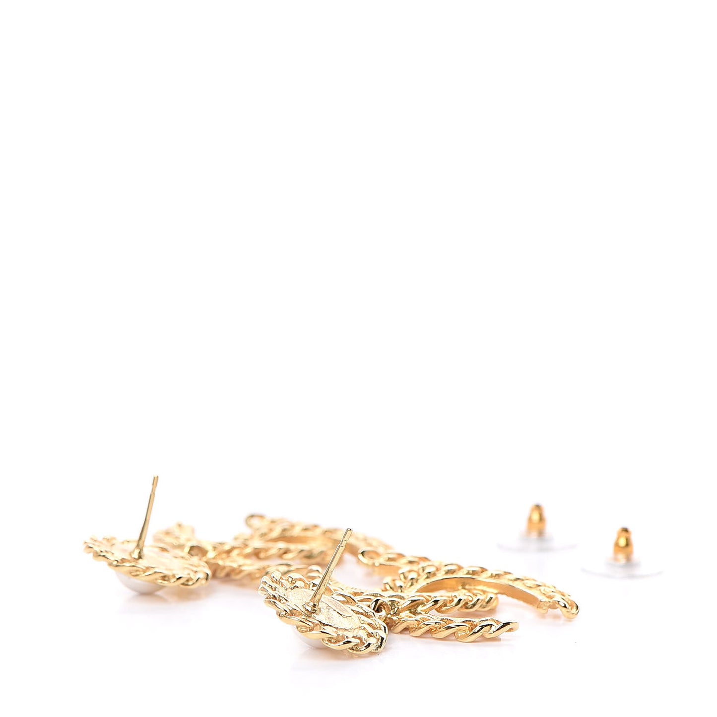 Metal Pearl CC Chain Drop Earrings Gold