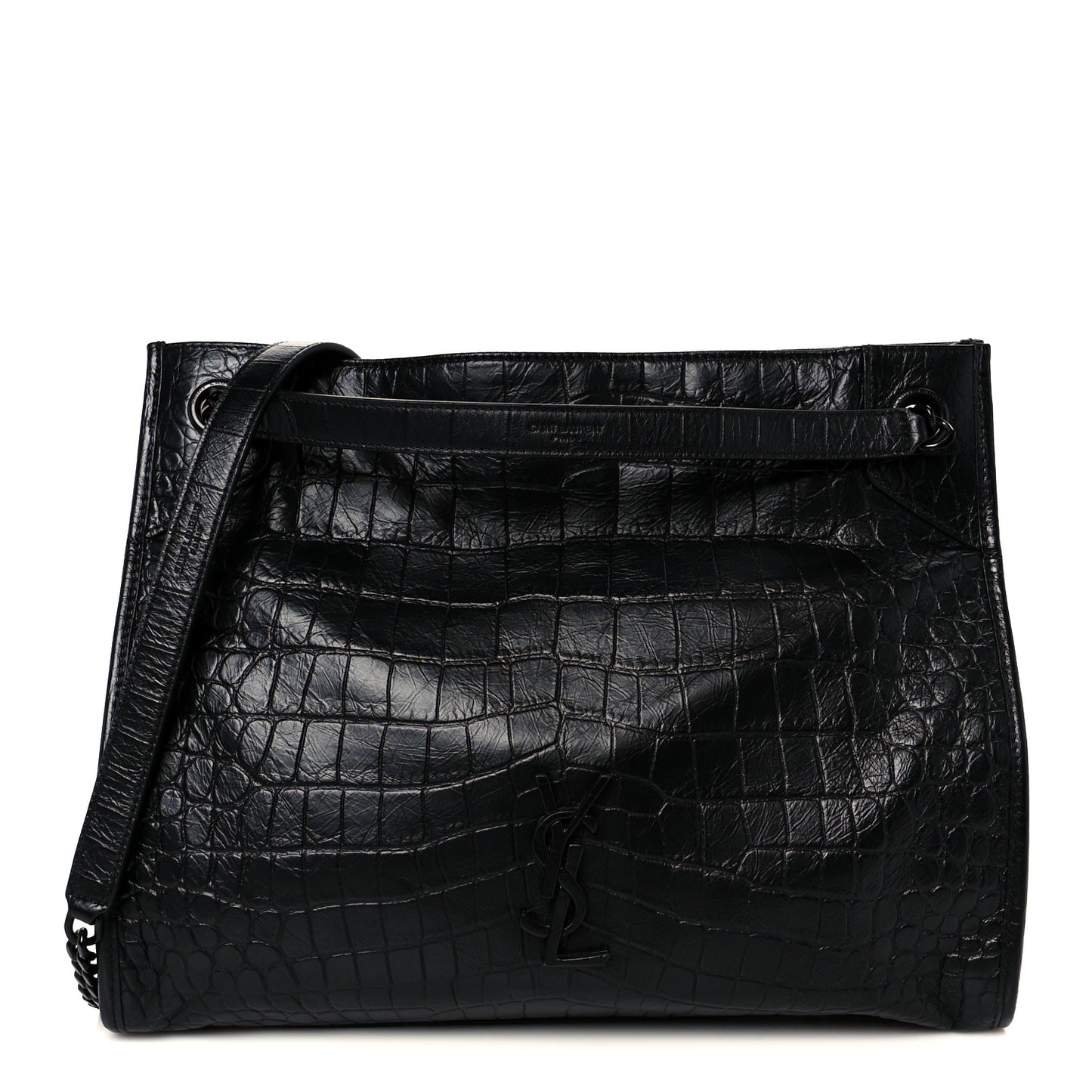 Calfskin Crocodile Embossed Monogram Medium Niki Shopping Bag Black