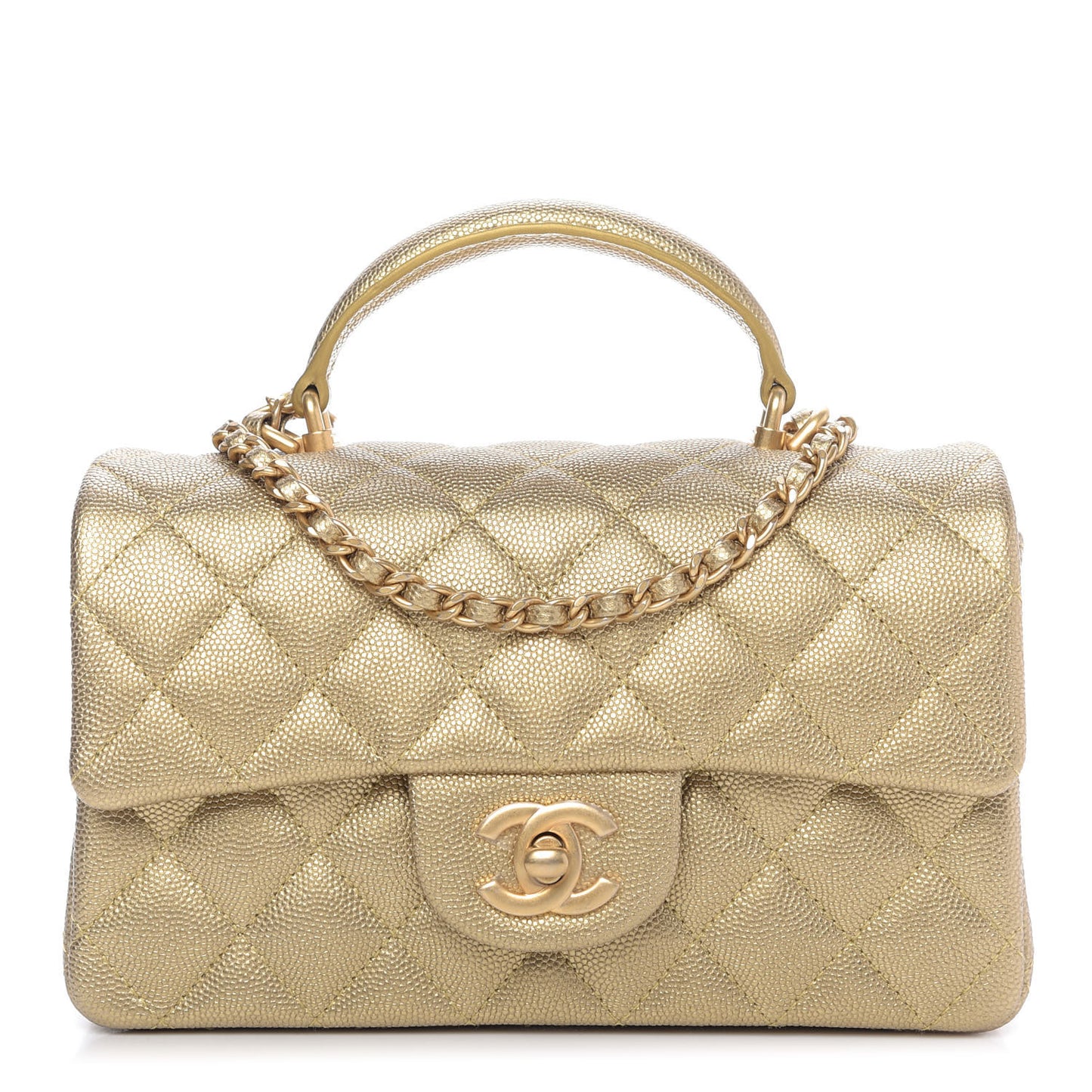 Metallic Caviar Quilted Mini Top Handle Rectangular Flap Gold