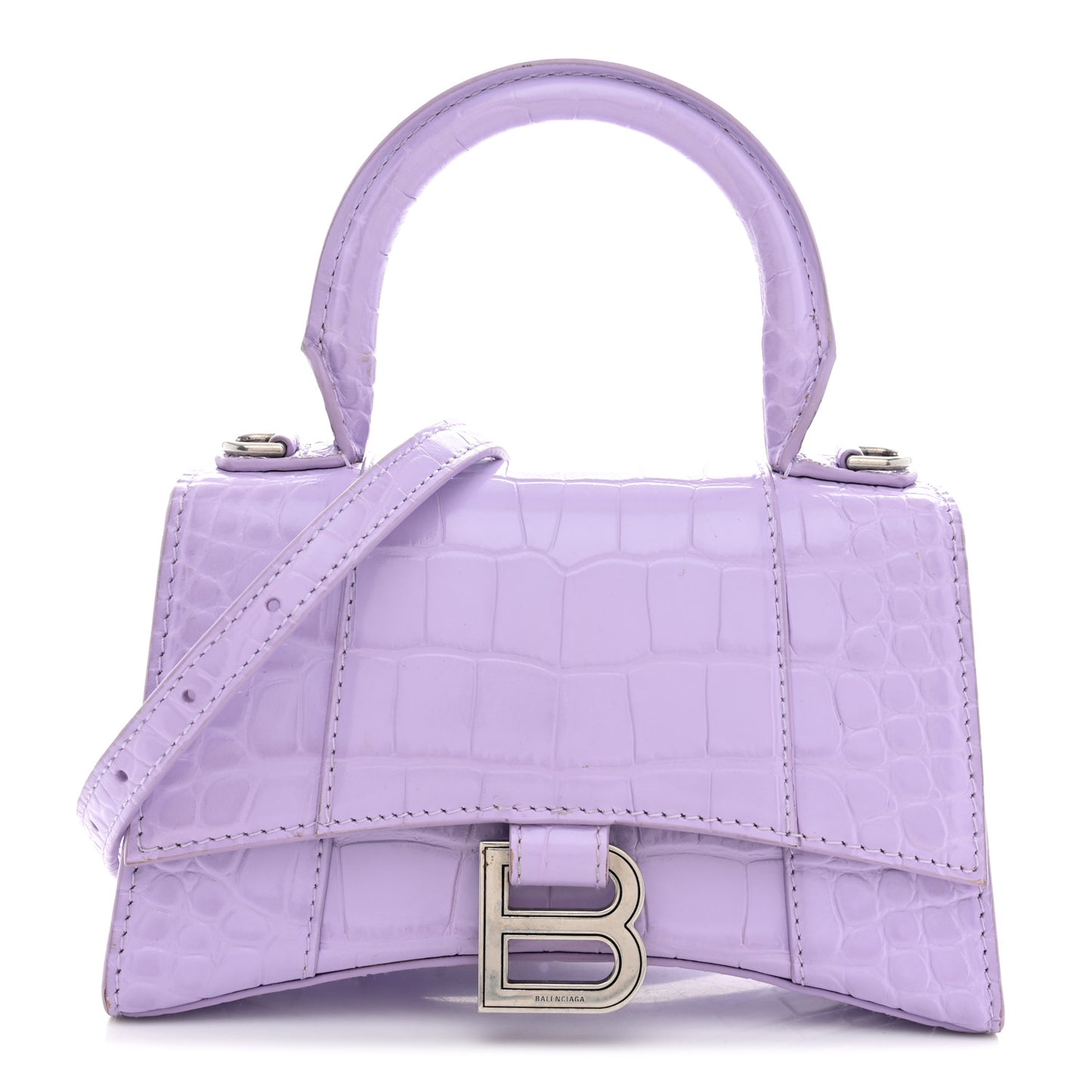 Shiny Calfskin Crocodile Embossed Hourglass Top Handle Bag XS Lilac
