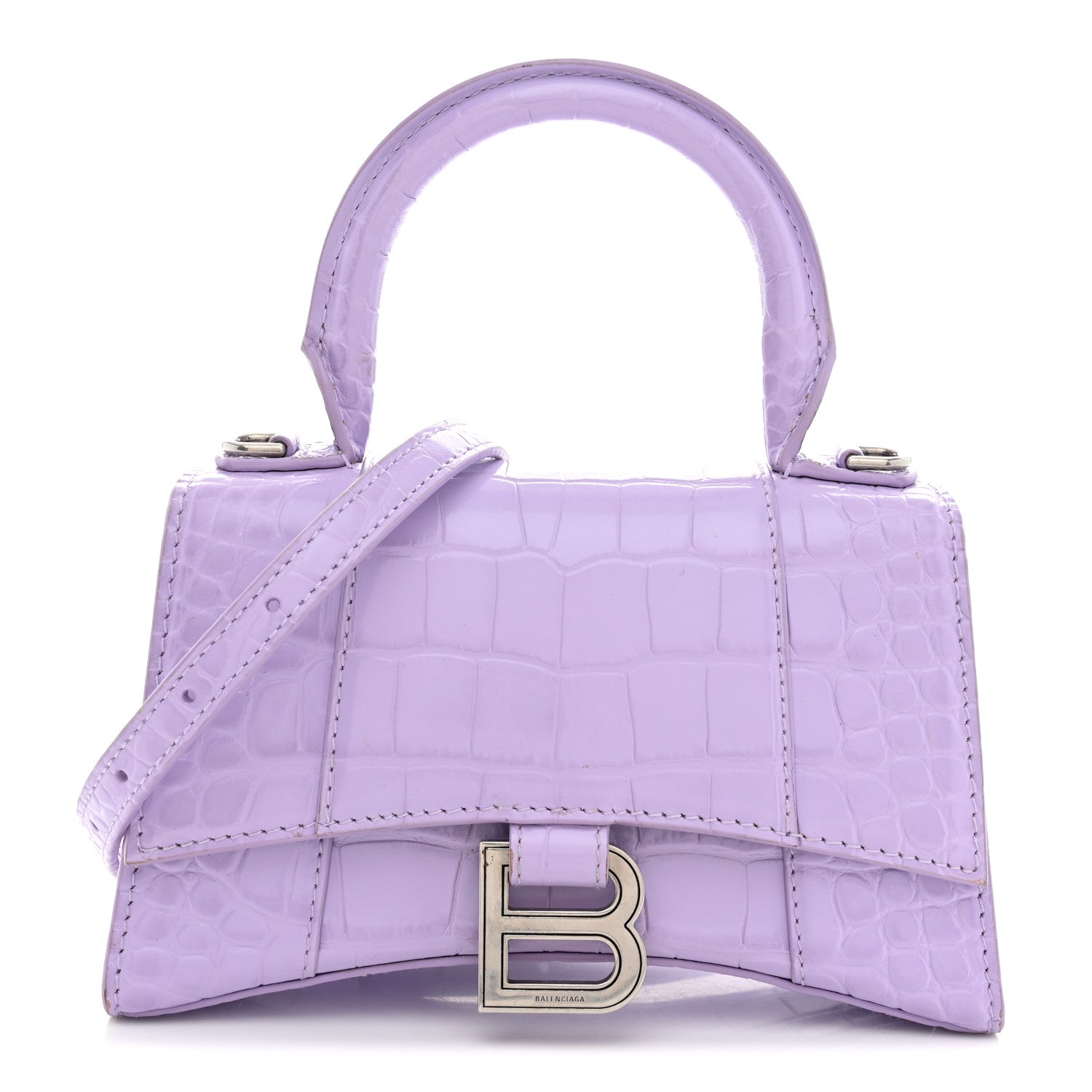 Balenciaga Shiny Calfskin Crocodile Embossed Hourglass Top Handle Bag XS Lilac 1 of 11