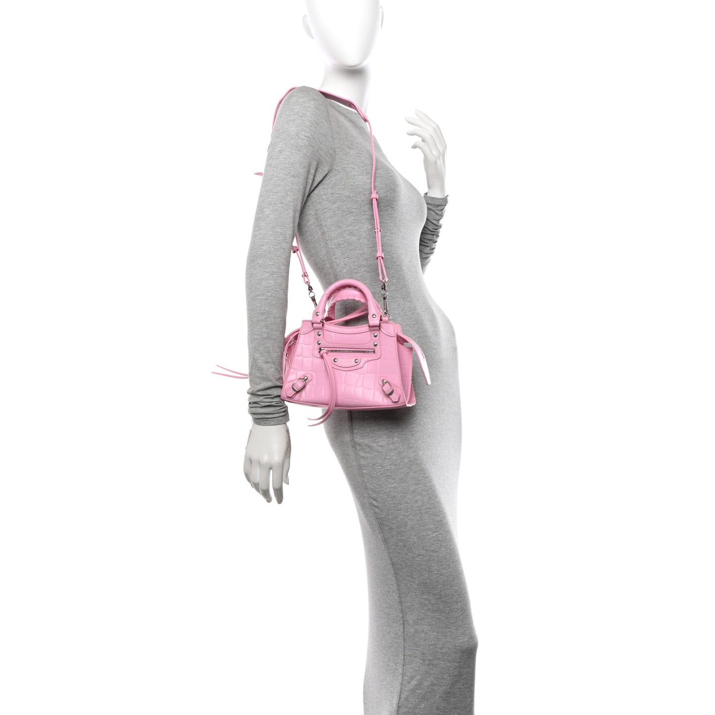 Semi Shiny Calfskin Crocodile Embossed Neo Classic Silver Hardware Mini City Pink