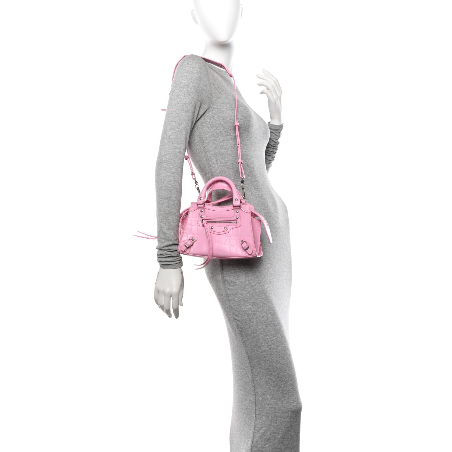 Balenciaga Semi Shiny Calfskin Crocodile Embossed Neo Classic Silver Hardware Mini City Pink 2 of 11