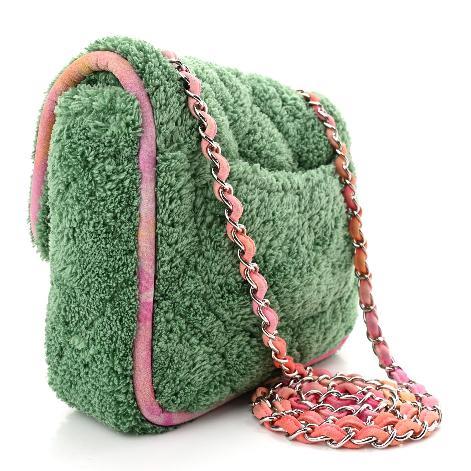 Chanel Terry Cloth Quilted Small Flap Bag Green Pink 3 of 10