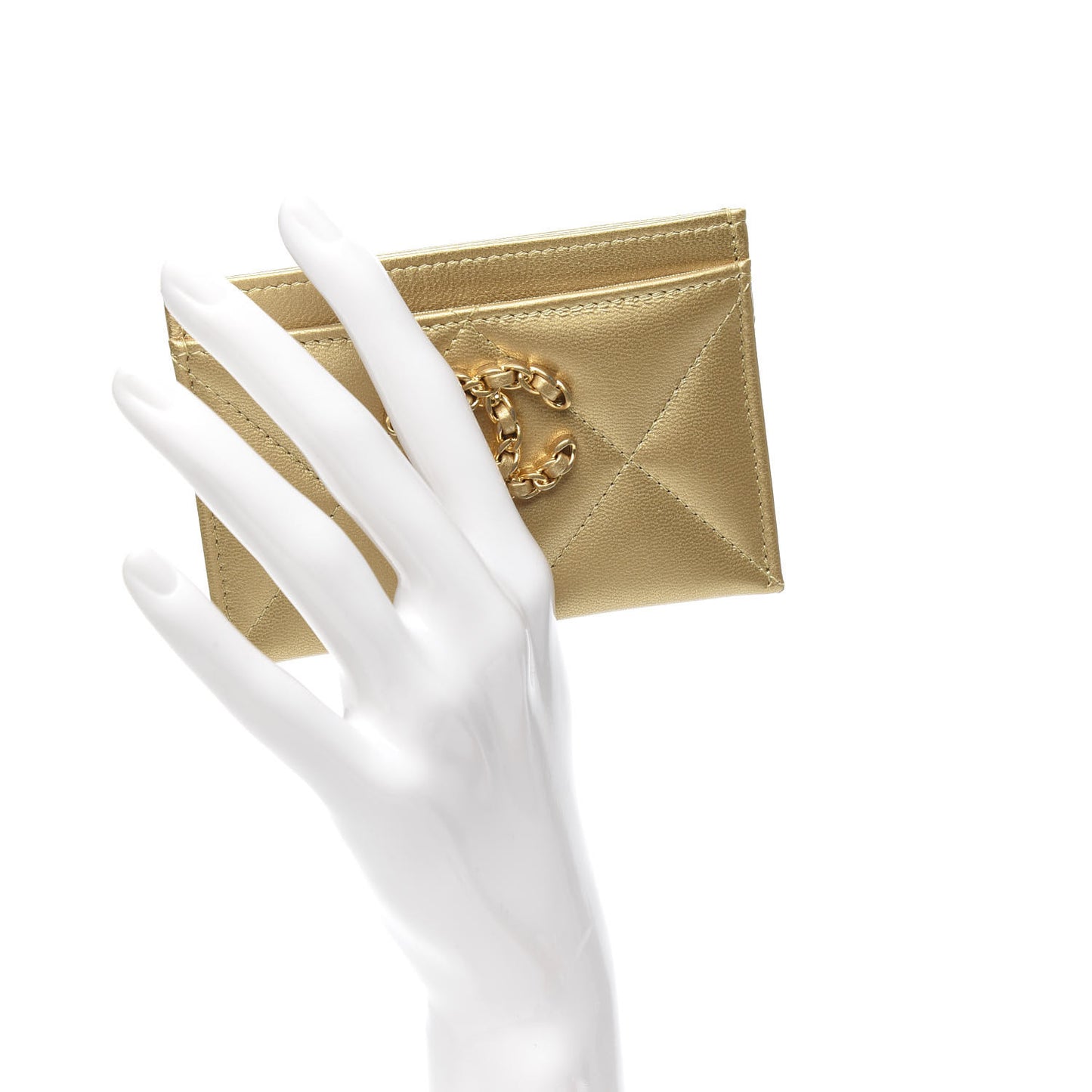 Metallic Goatskin Quilted Chanel 19 Card Holder Gold