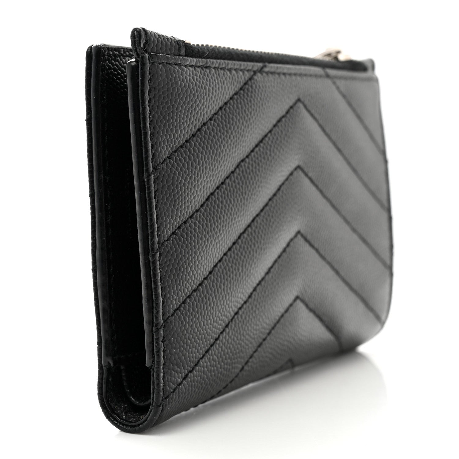 Saint Laurent Grain De Poudre Matelasse Chevron Monogram Zipped Two-Part Wallet Black 3 of 9