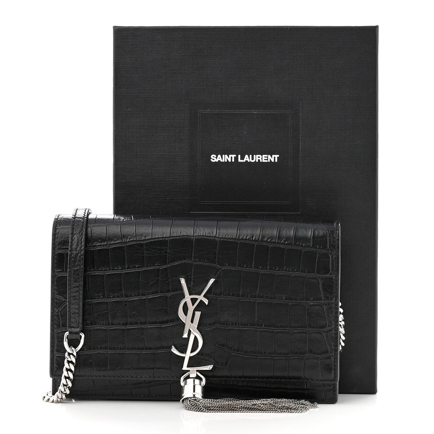 Calfskin Crocodile Embossed Kate Monogram Tassel Chain Wallet Black