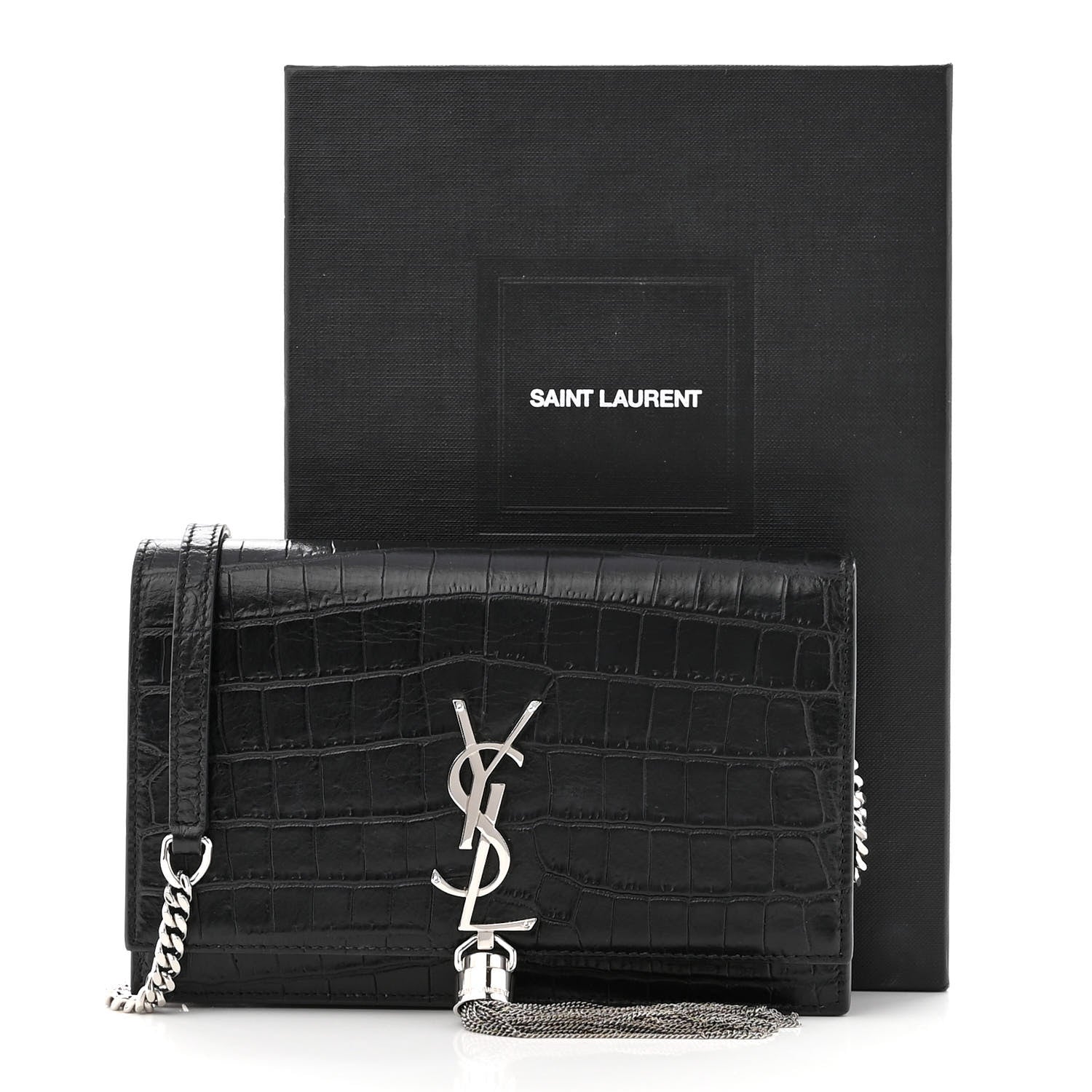 Saint Laurent Calfskin Crocodile Embossed Kate Monogram Tassel Chain Wallet Black 11 of 11