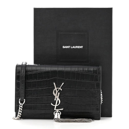 Saint Laurent Calfskin Crocodile Embossed Kate Monogram Tassel Chain Wallet Black 11 of 11