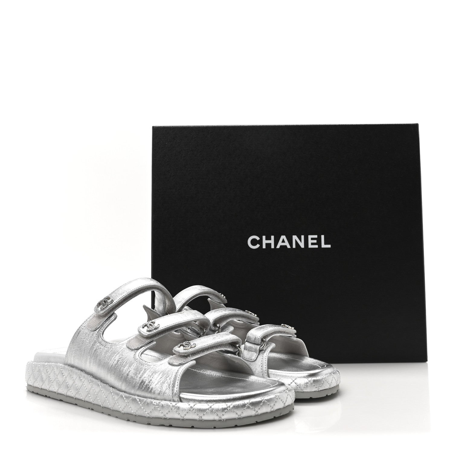 Chanel Laminated Lambskin Quilted Velcro Crystal CC Dad Slide Sandals 40 Silver 17 of 18