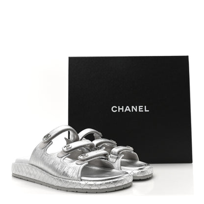 Chanel Laminated Lambskin Quilted Velcro Crystal CC Dad Slide Sandals 40 Silver 17 of 18