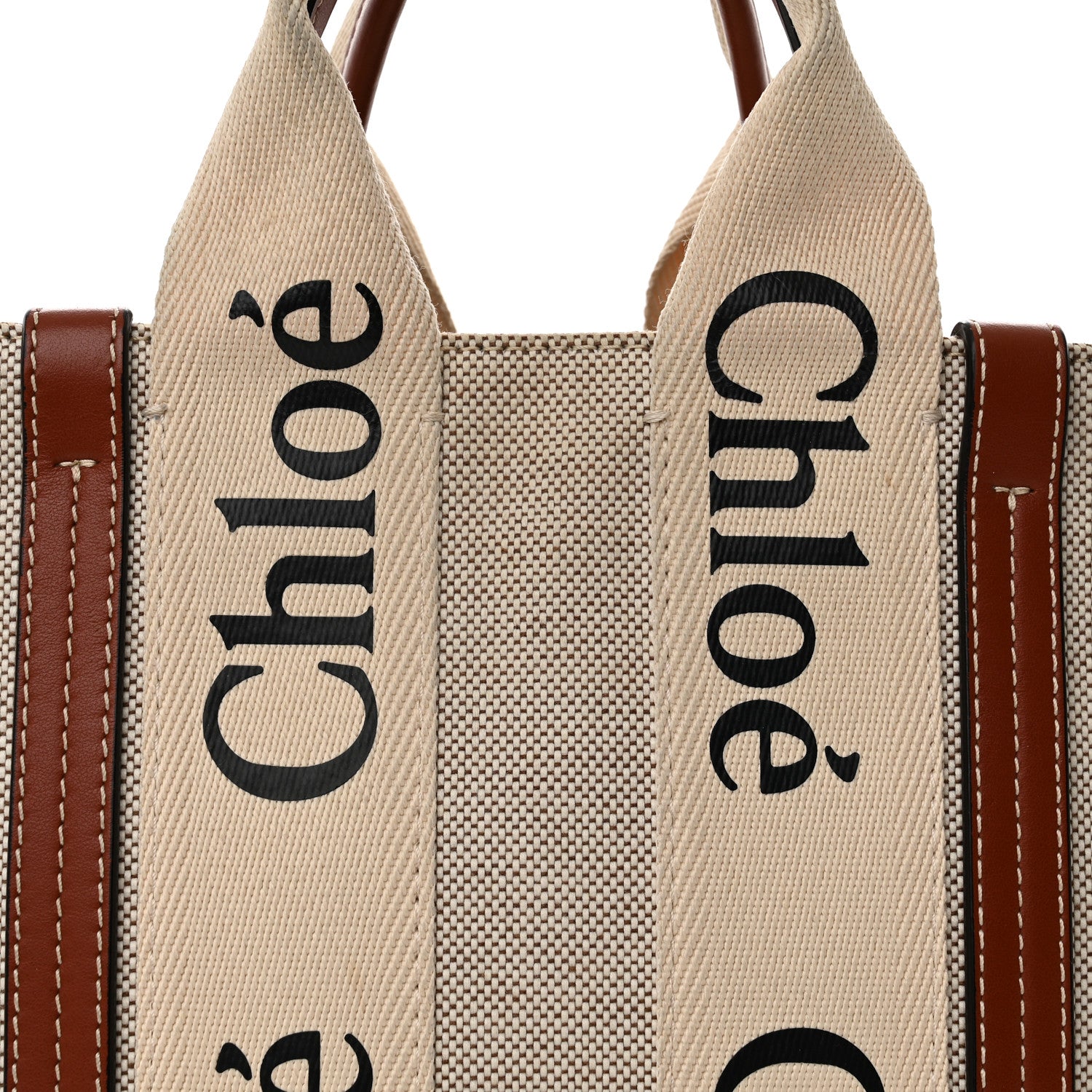 Chloe Cotton Calfskin Small Woody Ribbon Tote With Strap White Brown 8 of 10
